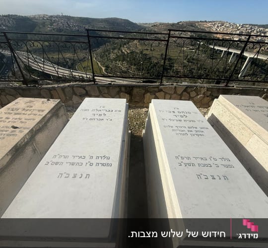 מצבות עם כיתוב בעברית על רקע נוף הררי